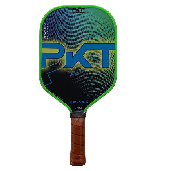 Pickleball paddle with green and blue design