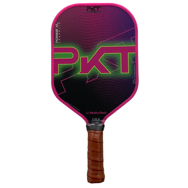 Pink pickleball paddle with green and purple design